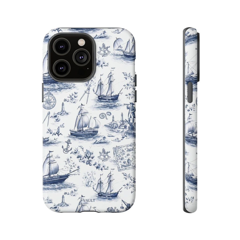 Nautical Vintage Ship Tough Phone Case — Blue Toile Sailboat Pattern