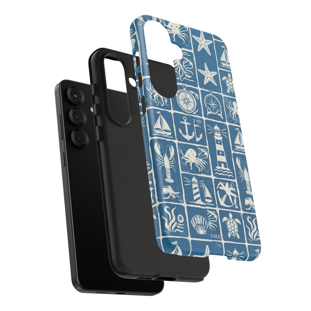 Nautical Tile Phone Case — Blue Coastal Icons (lighthouse, anchor, seashells)