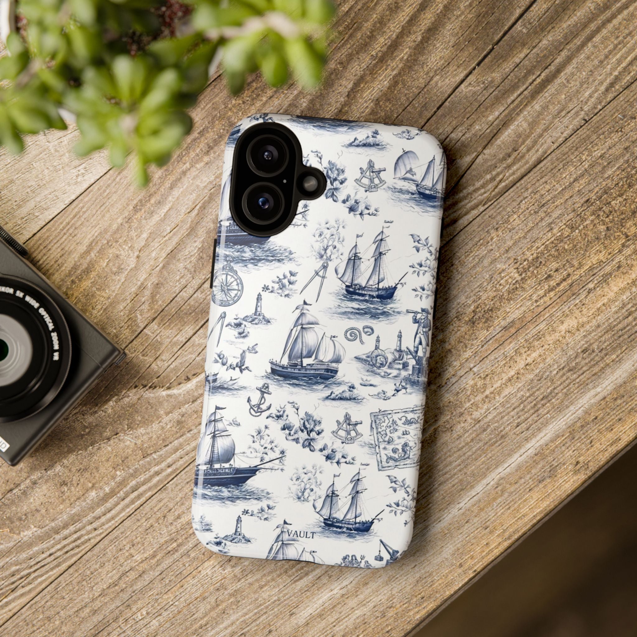 Nautical Vintage Ship Tough Phone Case — Blue Toile Sailboat Pattern