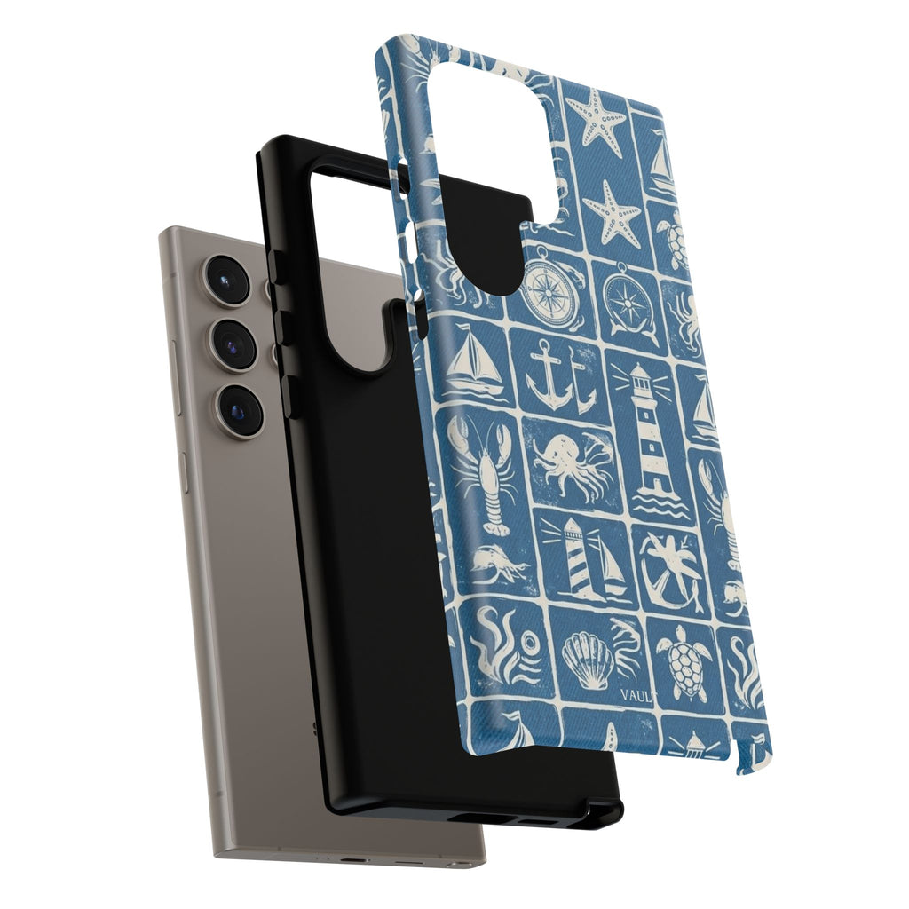 Nautical Tile Phone Case — Blue Coastal Icons (lighthouse, anchor, seashells)