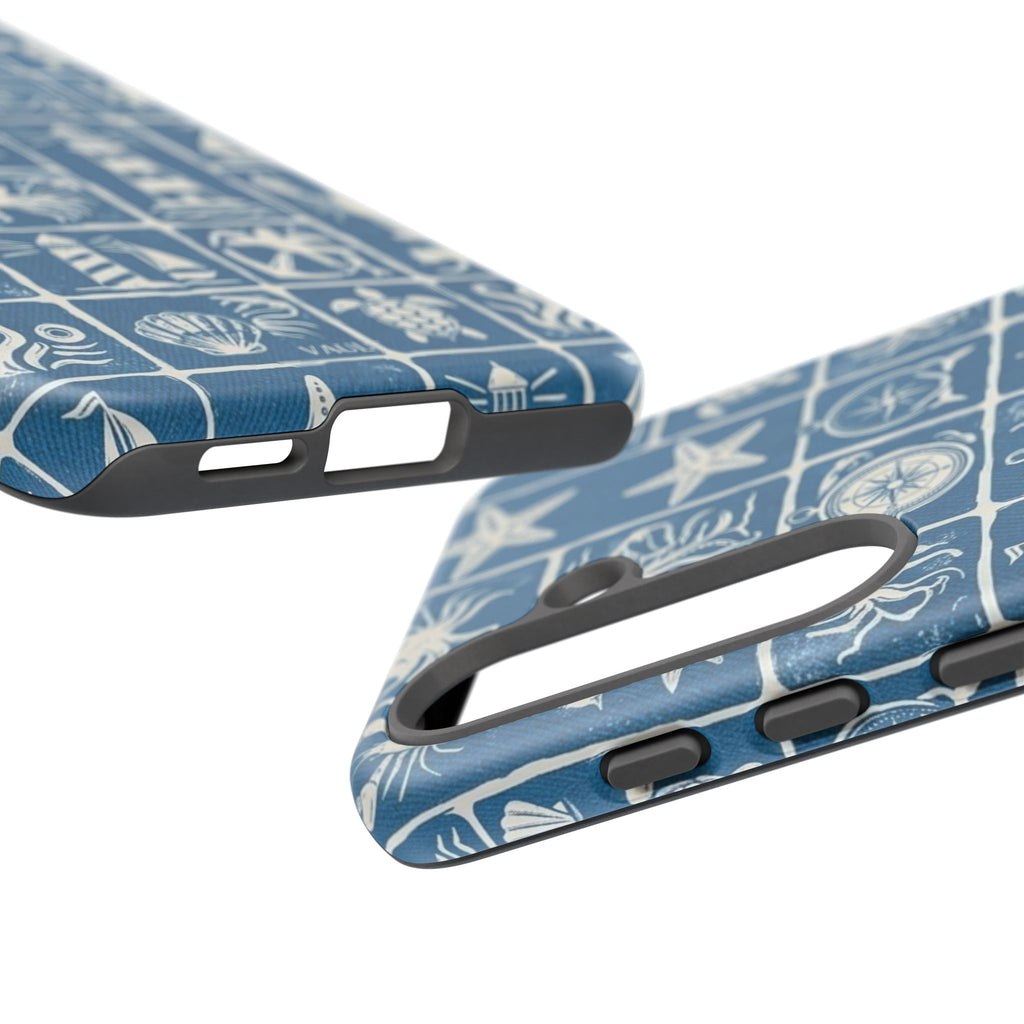 Nautical Tile Phone Case — Blue Coastal Icons (lighthouse, anchor, seashells)