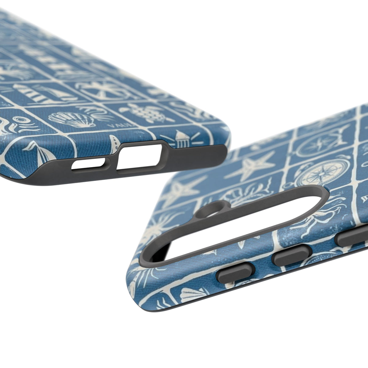 Nautical Tile Phone Case — Blue Coastal Icons (lighthouse, anchor, seashells)
