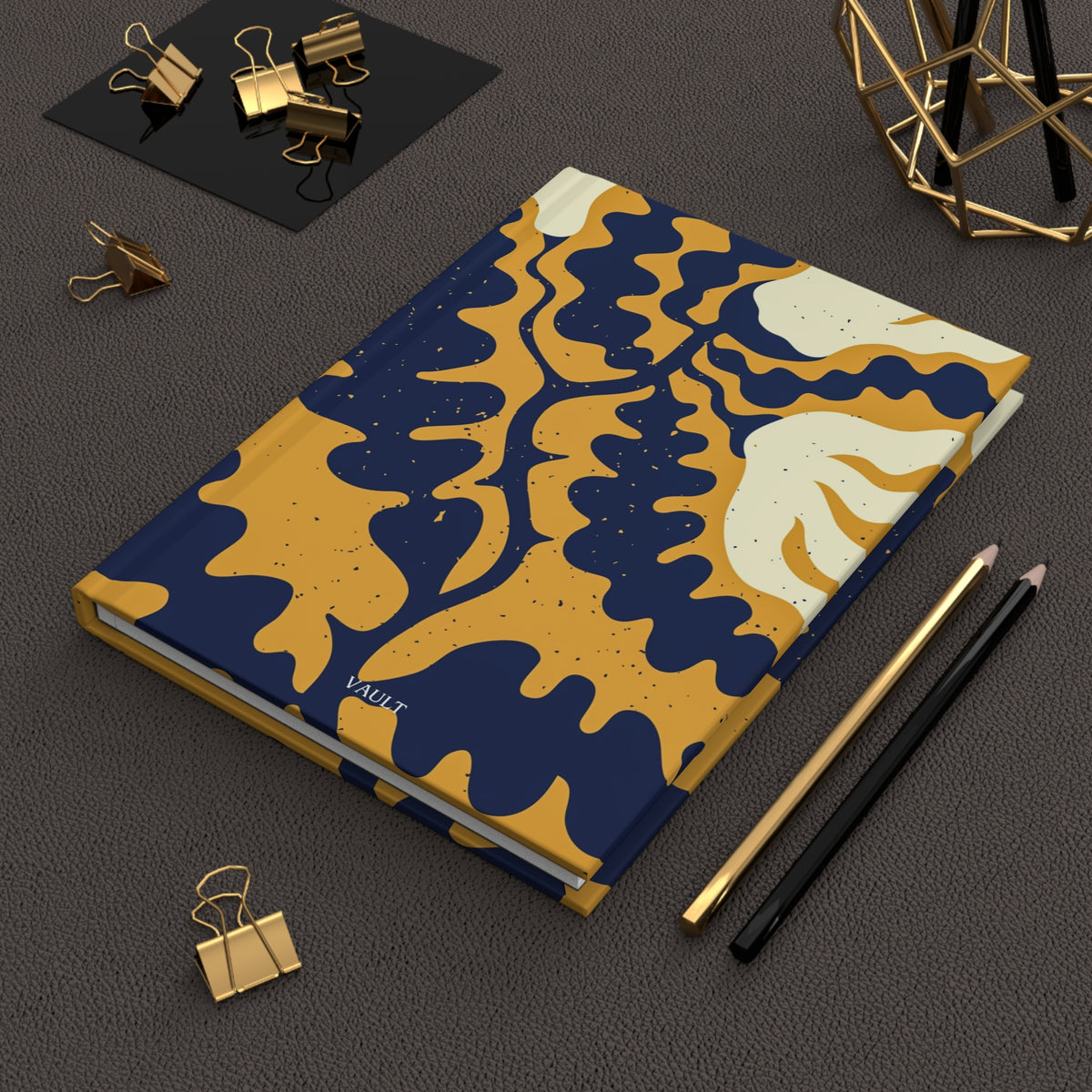 Hardcover Journal — Abstract Organic Navy & Mustard Pattern