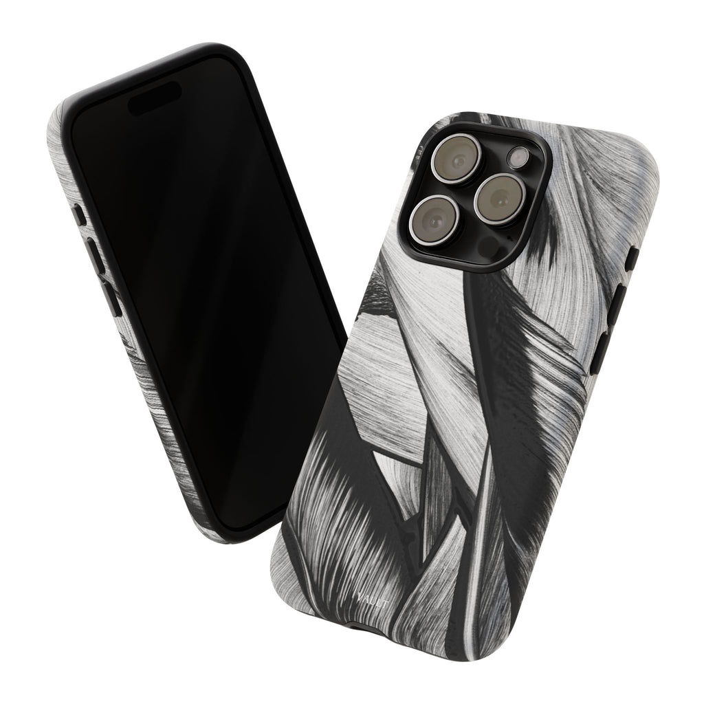 Monochrome Tropical Leaf Tough Phone Case — Black & White Botanical Protective Cover