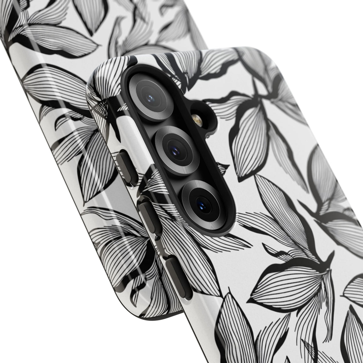 Floral Leaves Tough Phone Case – Black & White Botanical Protection