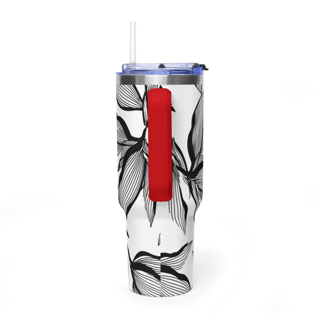 40oz Floral Thermal Tumbler – Black & White Leaf Pattern Vacuum Insulated