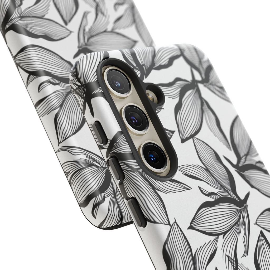 Floral Leaves Tough Phone Case – Black & White Botanical Protection