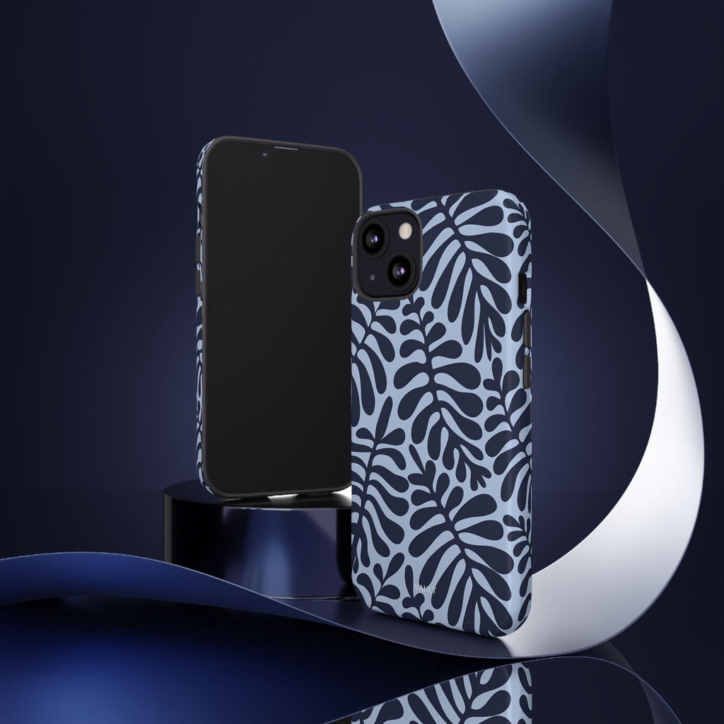 Floral Fern Tough Phone Case – Navy Blue on Light Blue, Protective Slim Cover