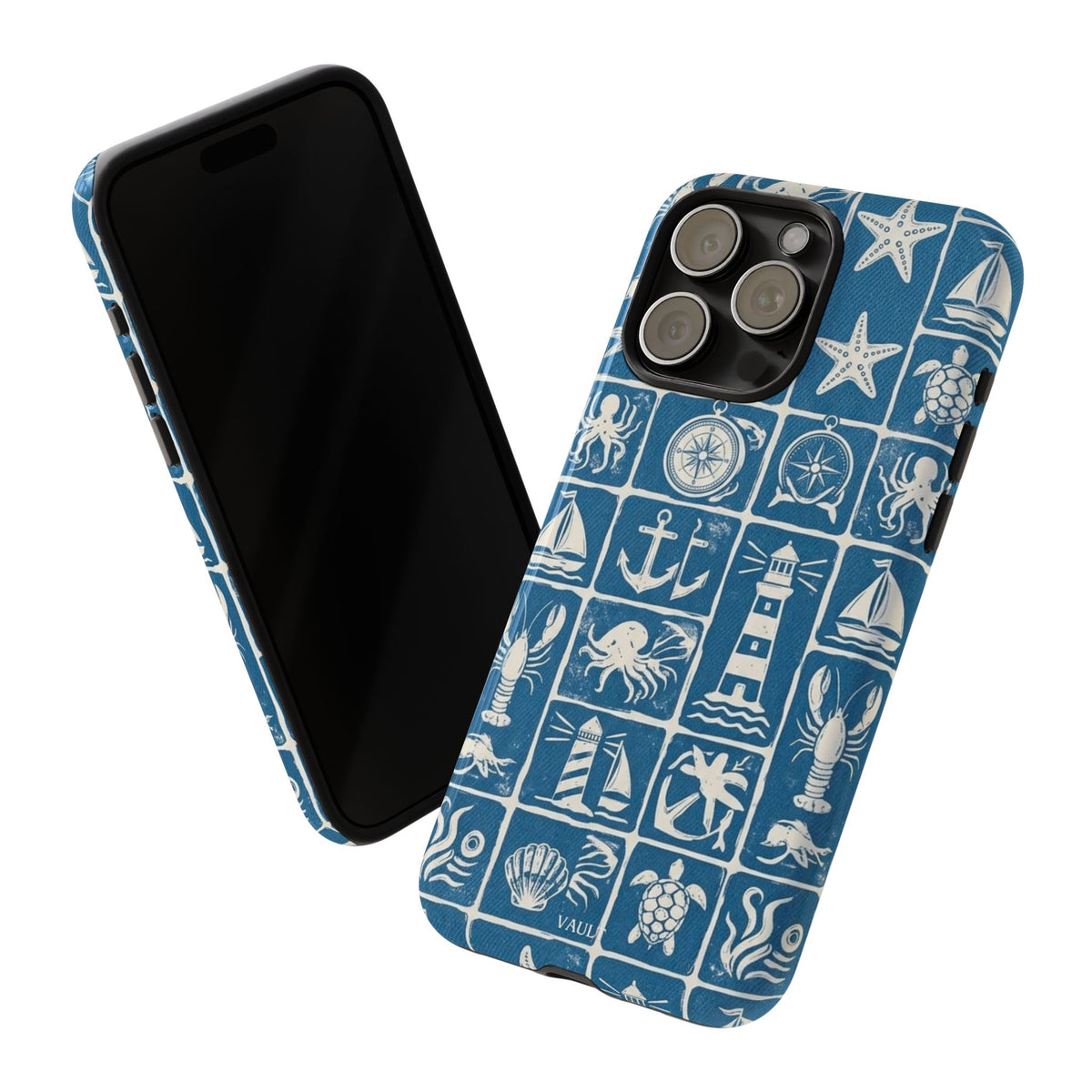 Nautical Tile Phone Case — Blue Coastal Icons (lighthouse, anchor, seashells)
