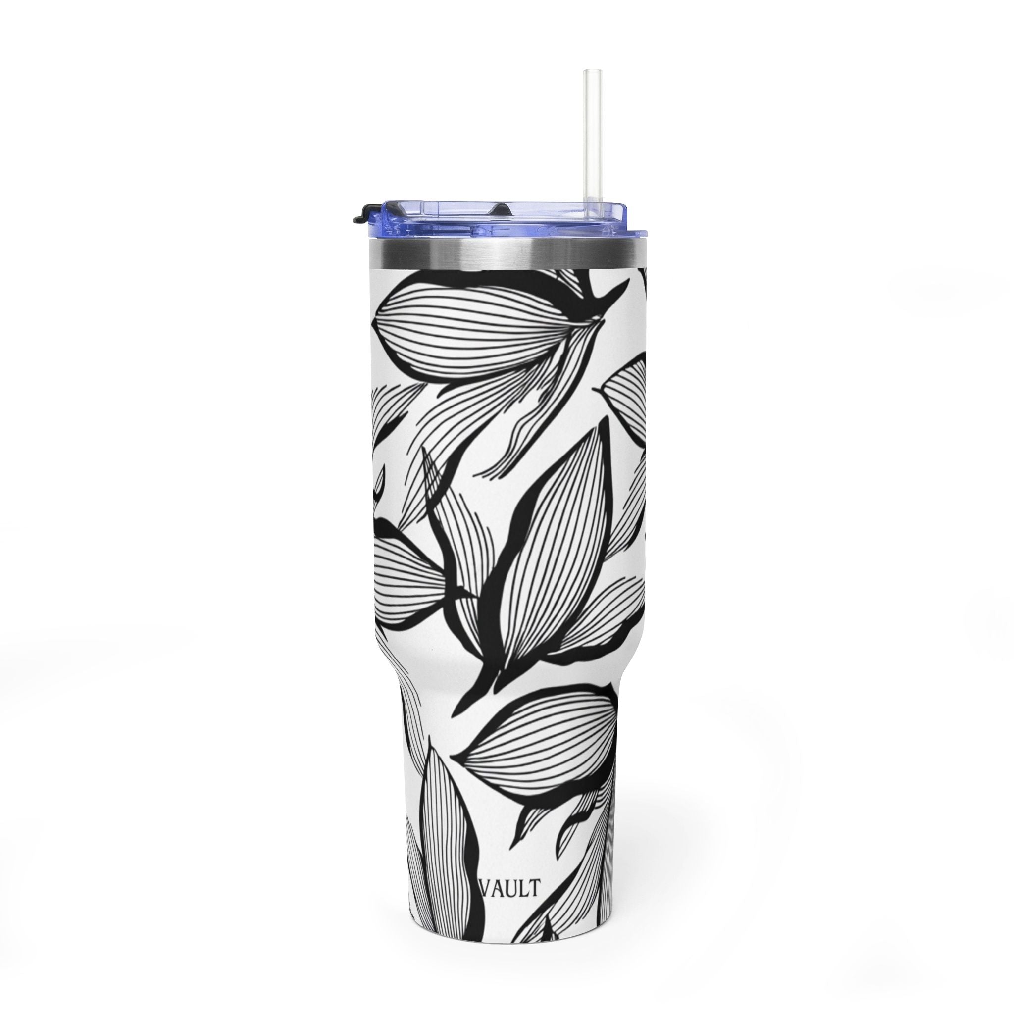 40oz Floral Thermal Tumbler – Black & White Leaf Pattern Vacuum Insulated