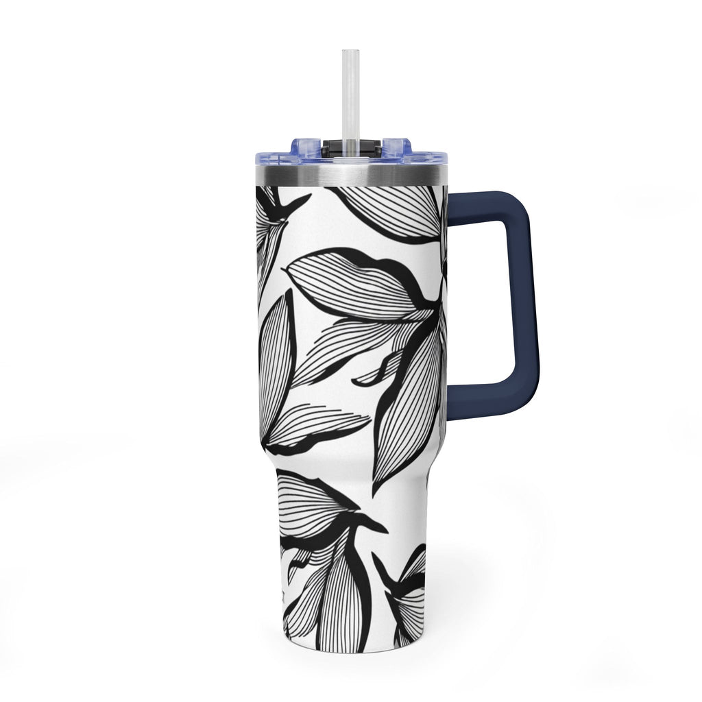 40oz Floral Thermal Tumbler – Black & White Leaf Pattern Vacuum Insulated
