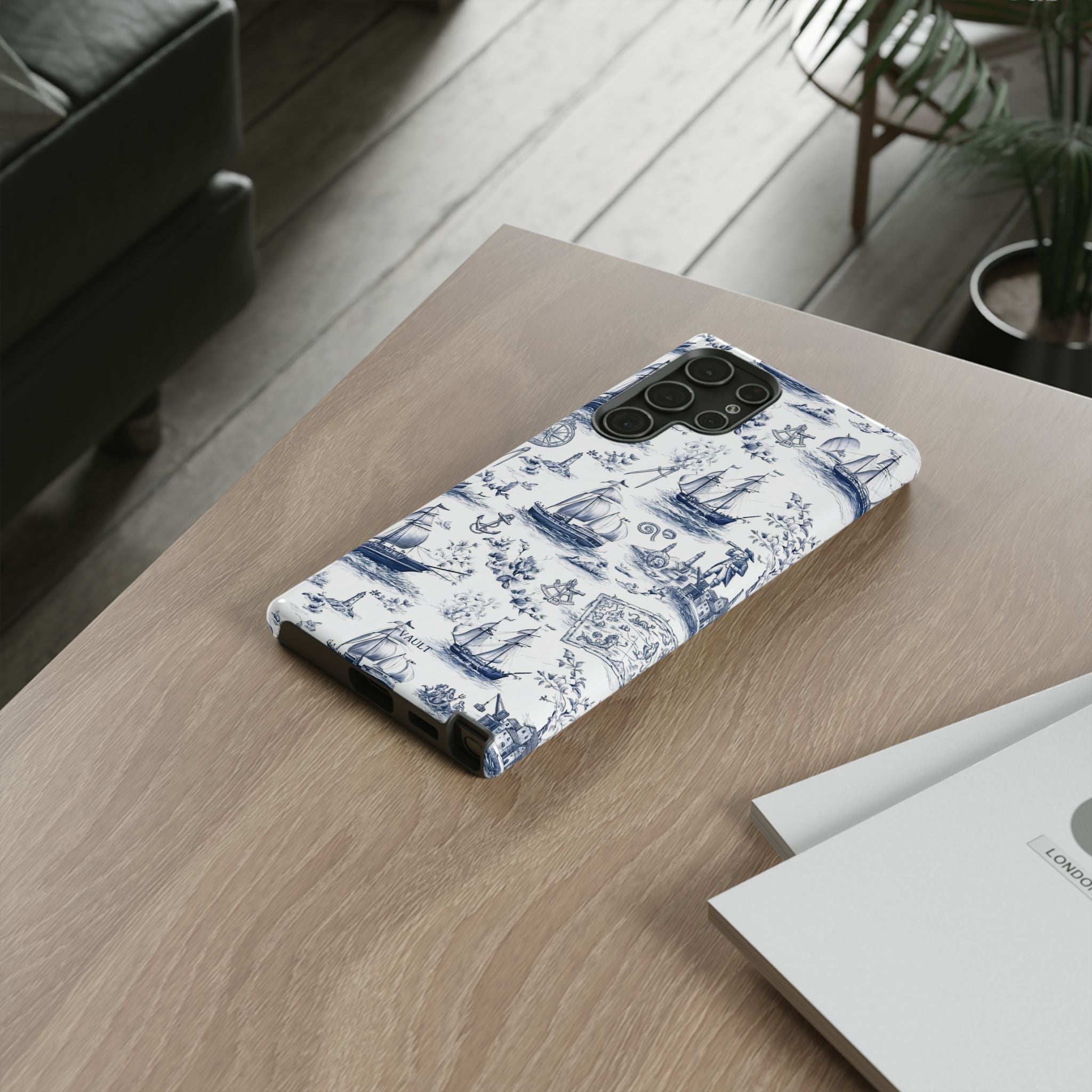 Nautical Vintage Ship Tough Phone Case — Blue Toile Sailboat Pattern