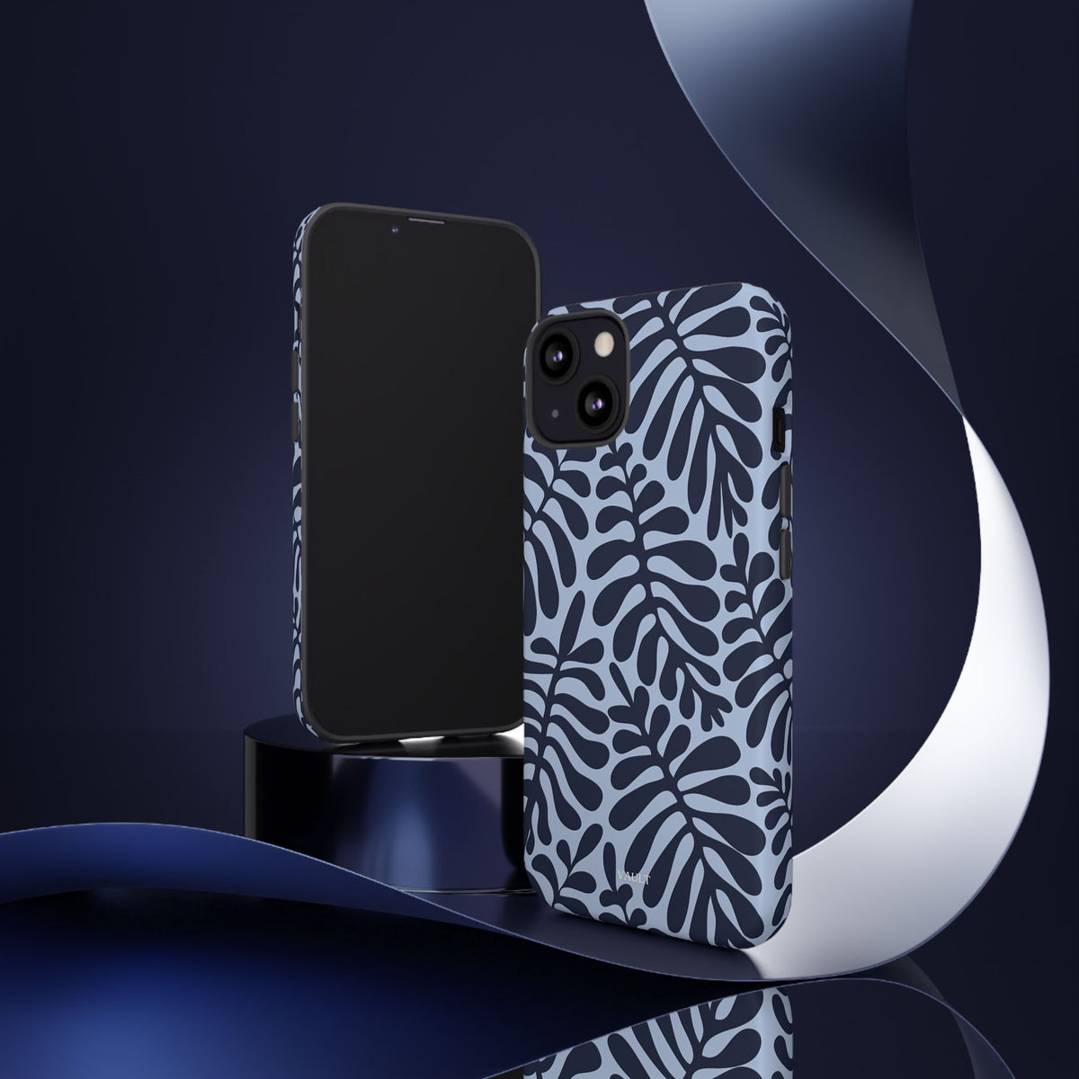 Floral Fern Tough Phone Case – Navy Blue on Light Blue, Protective Slim Cover