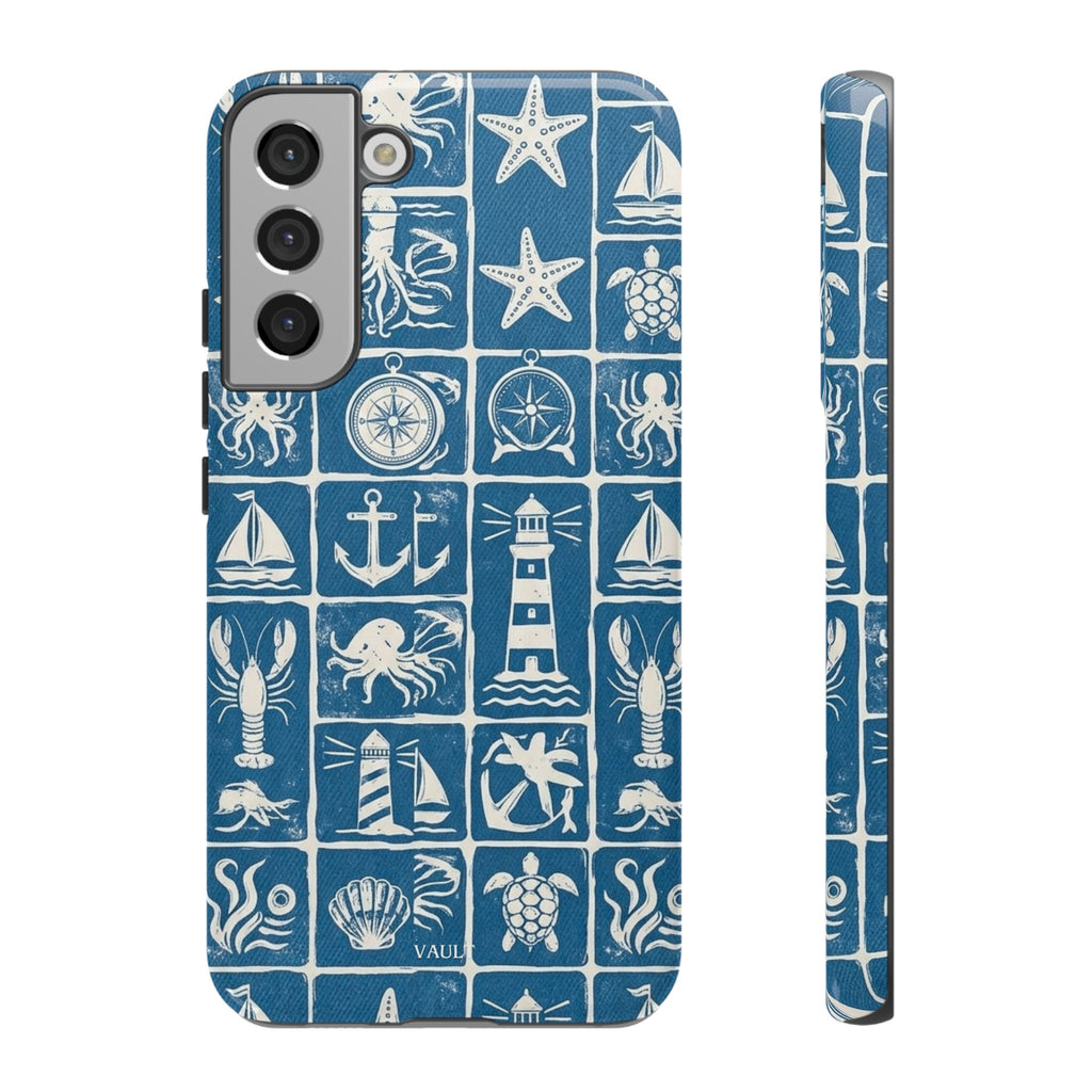 Nautical Tile Phone Case — Blue Coastal Icons (lighthouse, anchor, seashells)