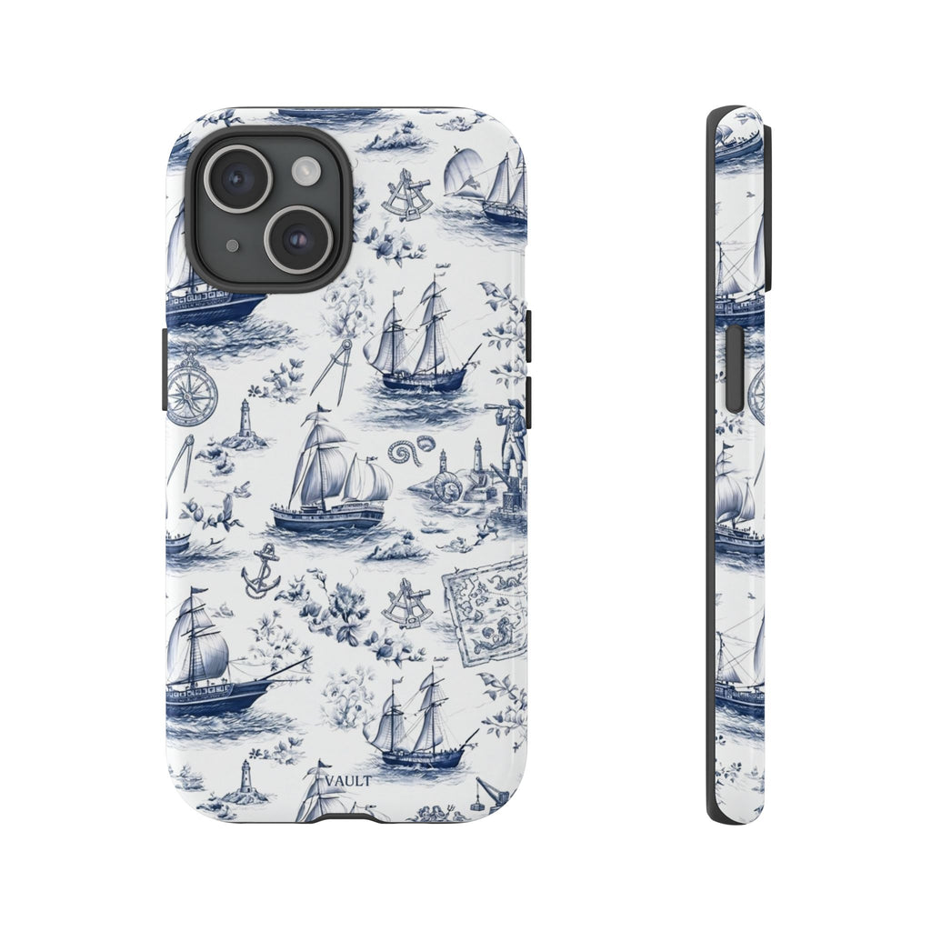 Nautical Vintage Ship Tough Phone Case — Blue Toile Sailboat Pattern