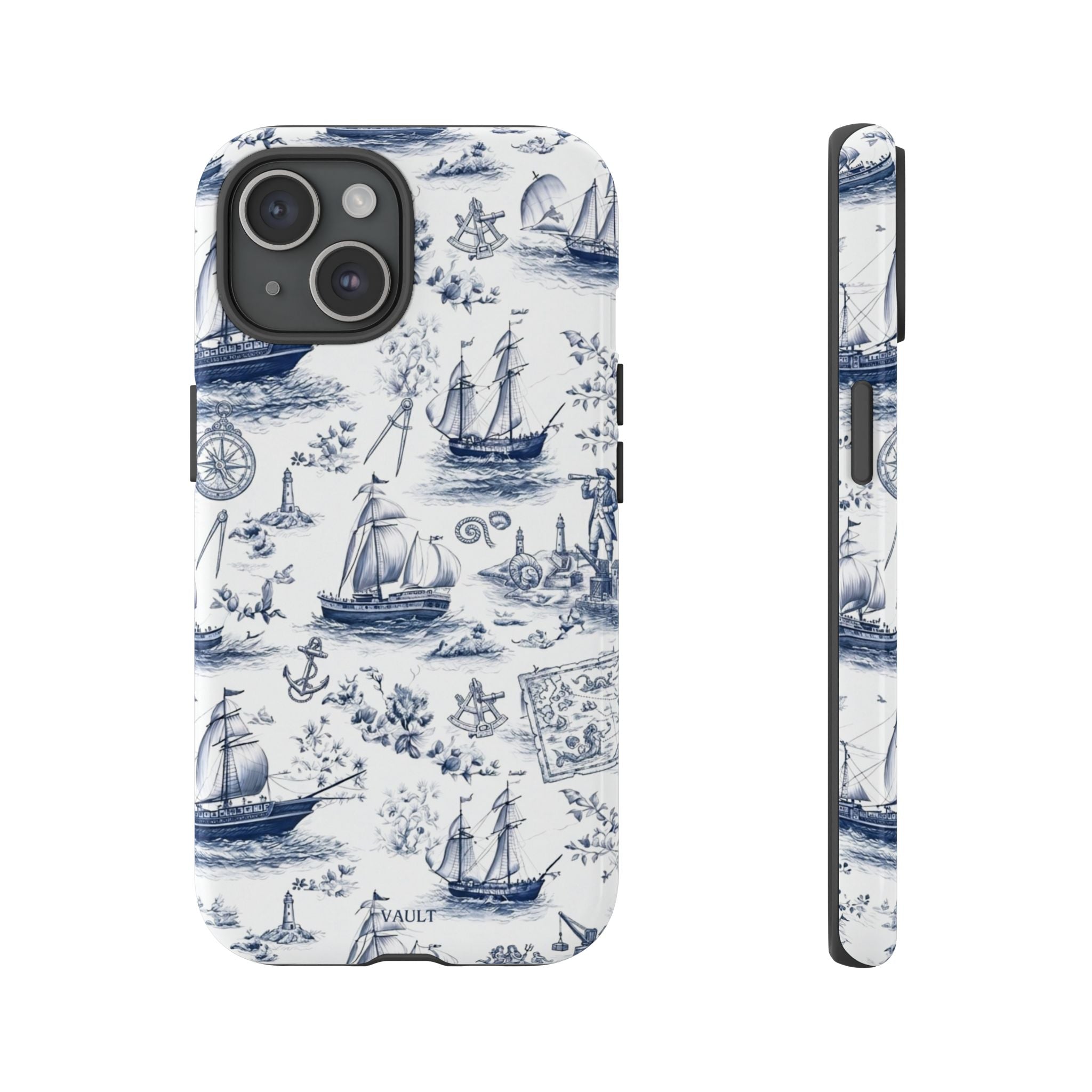 Nautical Vintage Ship Tough Phone Case — Blue Toile Sailboat Pattern