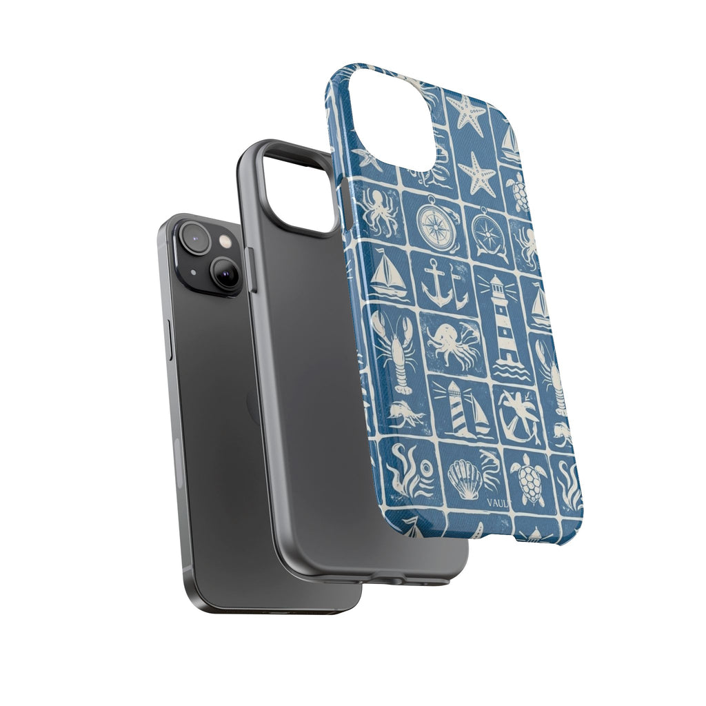 Nautical Tile Phone Case — Blue Coastal Icons (lighthouse, anchor, seashells)