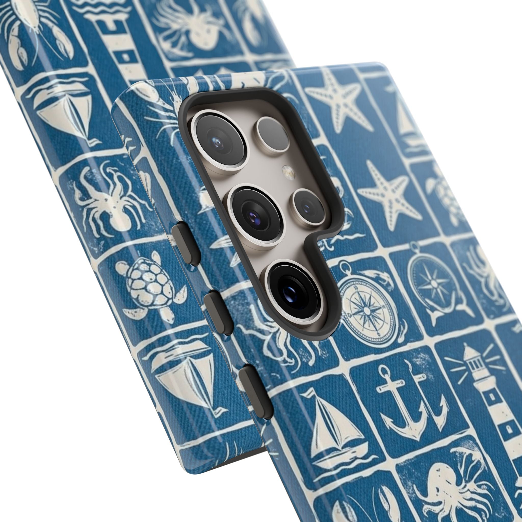 Nautical Tile Phone Case — Blue Coastal Icons (lighthouse, anchor, seashells)