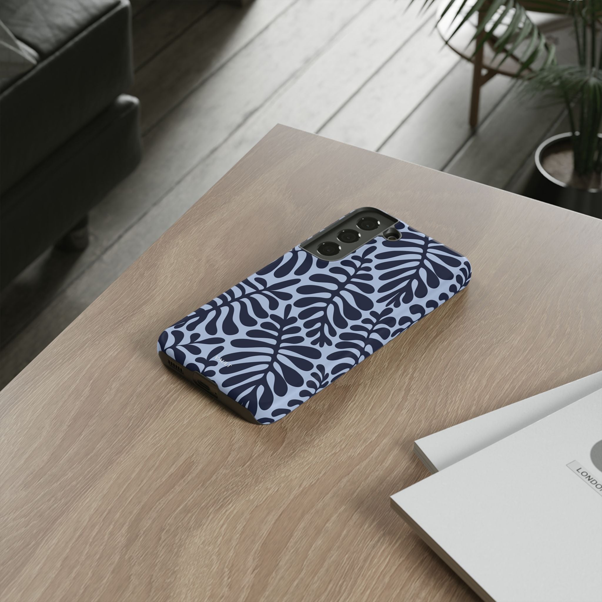 Floral Fern Tough Phone Case – Navy Blue on Light Blue, Protective Slim Cover