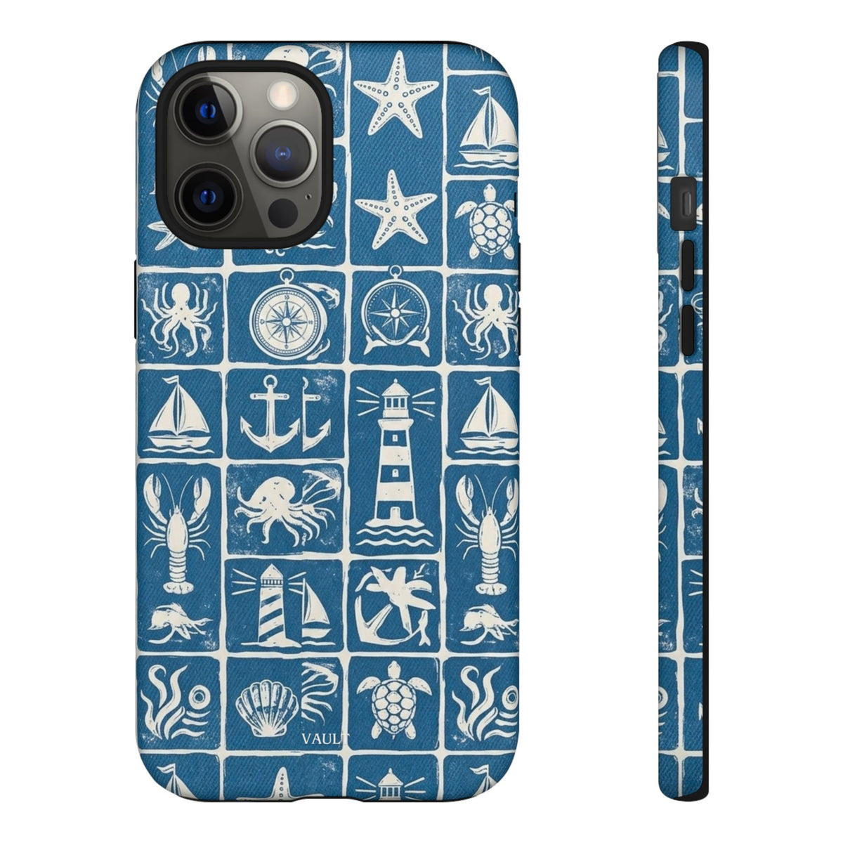 Nautical Tile Phone Case — Blue Coastal Icons (lighthouse, anchor, seashells)