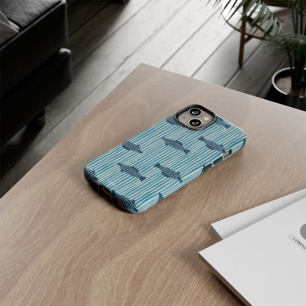 Fish Pattern Tough Phone Case — Blue Striped Ocean Design