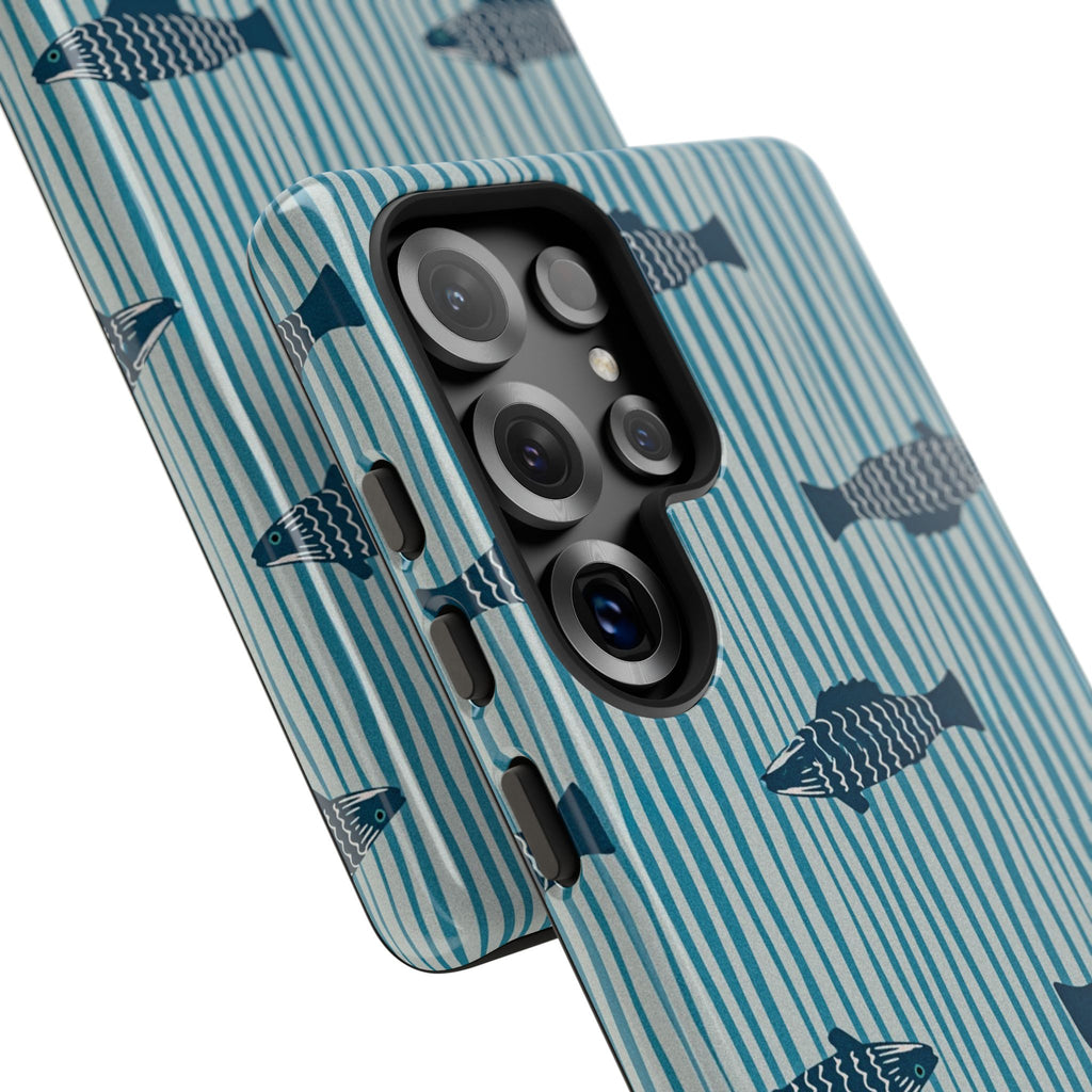 Fish Pattern Tough Phone Case — Blue Striped Ocean Design