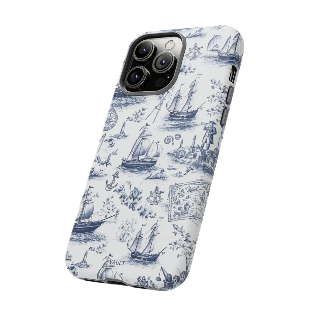 Nautical Vintage Ship Tough Phone Case — Blue Toile Sailboat Pattern
