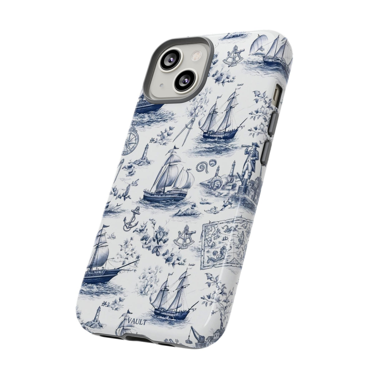 Nautical Vintage Ship Tough Phone Case — Blue Toile Sailboat Pattern