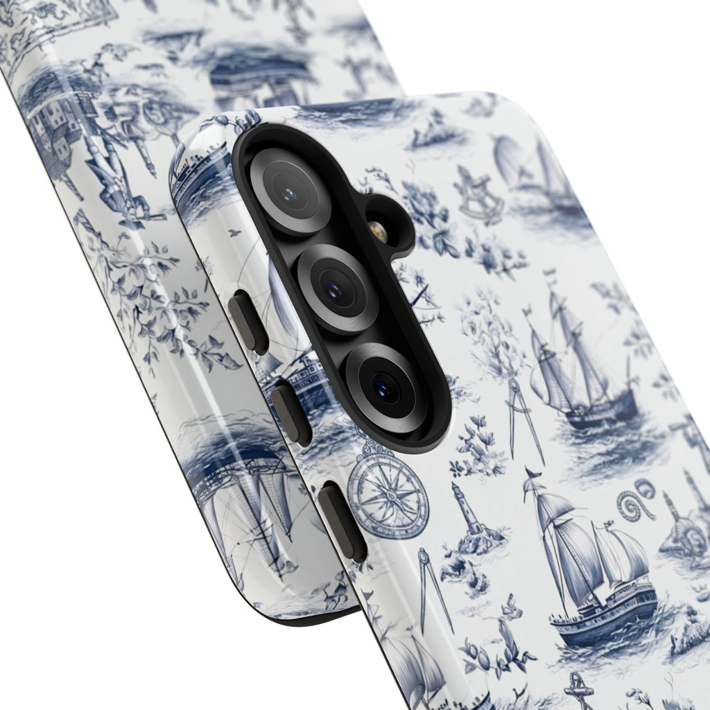 Nautical Vintage Ship Tough Phone Case — Blue Toile Sailboat Pattern