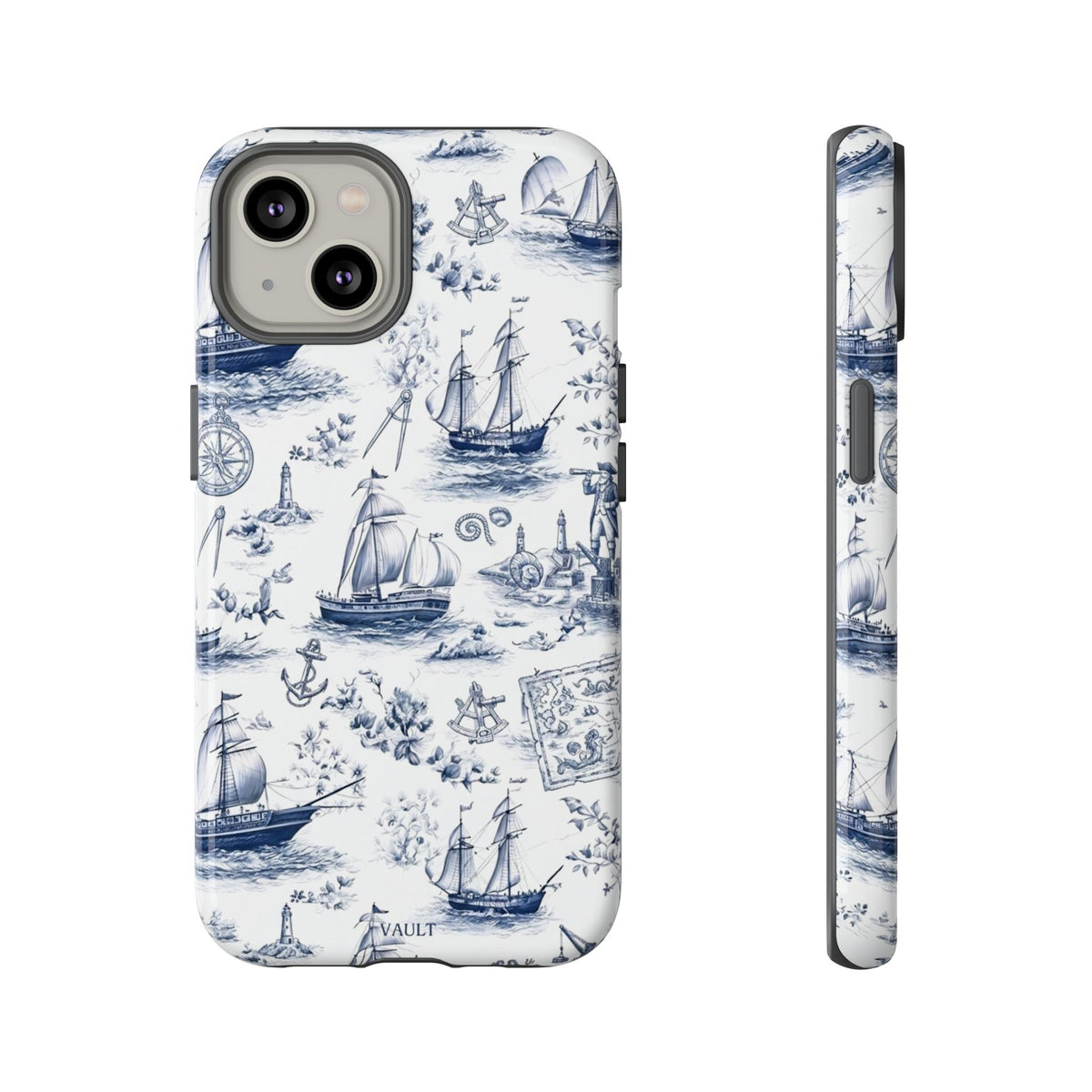 Nautical Vintage Ship Tough Phone Case — Blue Toile Sailboat Pattern