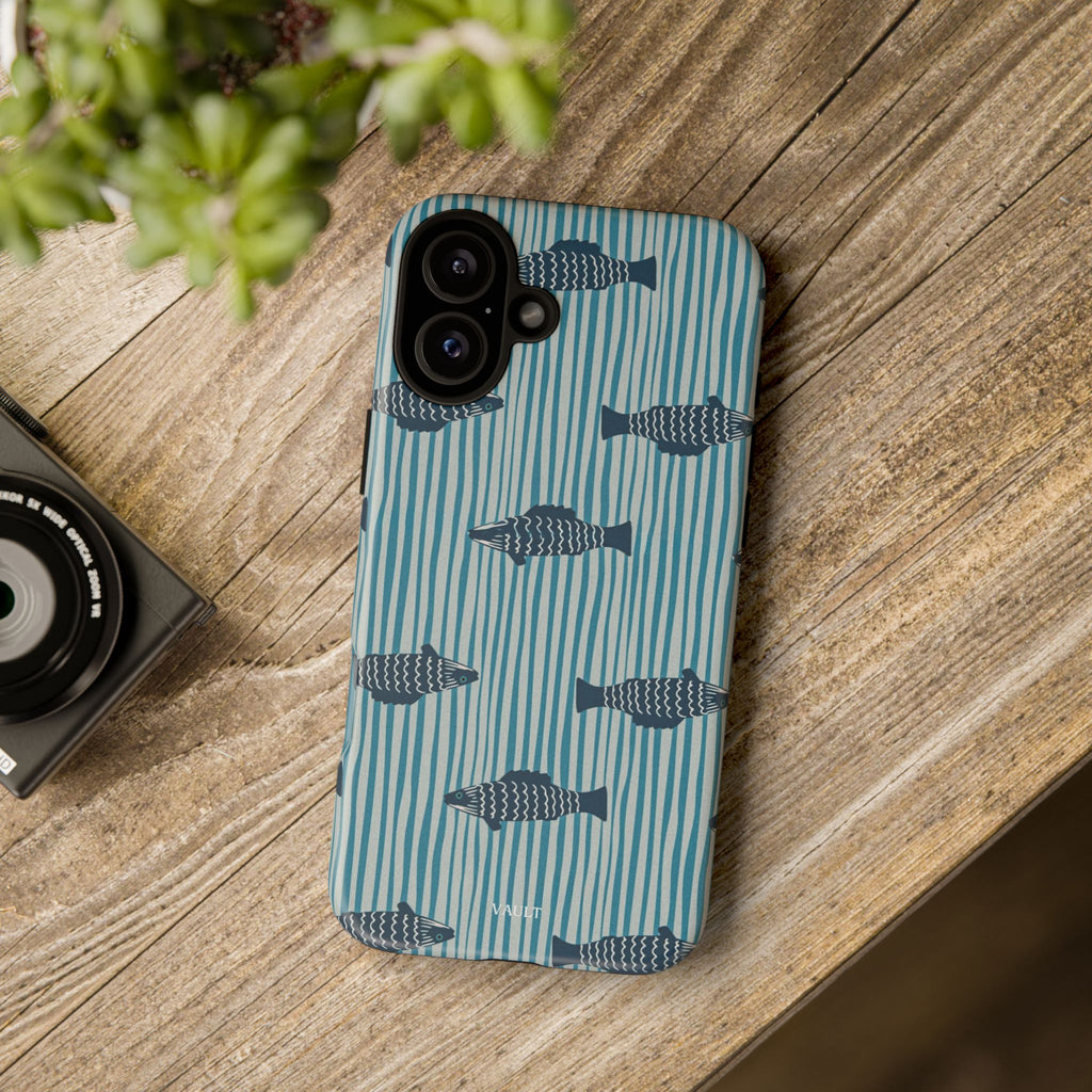 Fish Pattern Tough Phone Case — Blue Striped Ocean Design