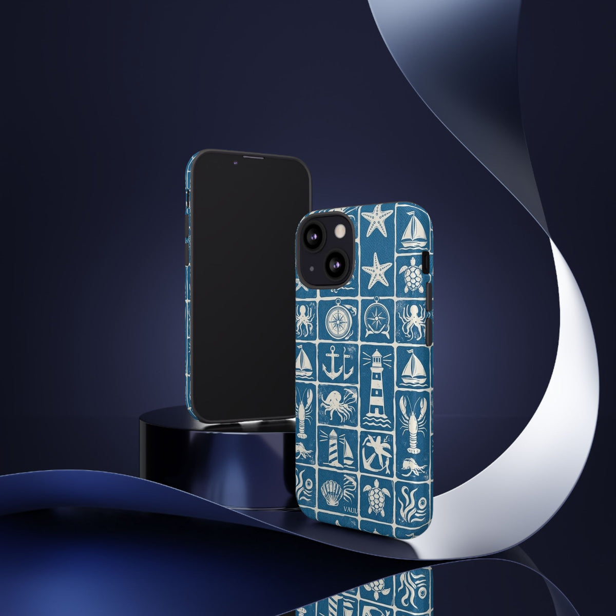 Nautical Tile Phone Case — Blue Coastal Icons (lighthouse, anchor, seashells)