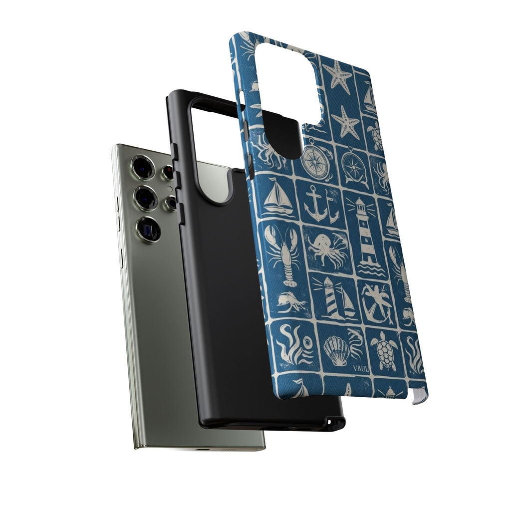 Nautical Tile Phone Case — Blue Coastal Icons (lighthouse, anchor, seashells)