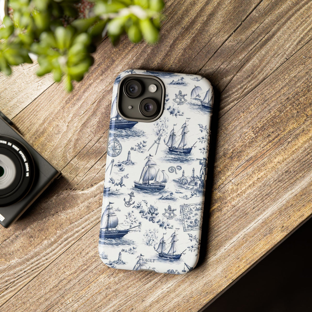 Nautical Vintage Ship Tough Phone Case — Blue Toile Sailboat Pattern