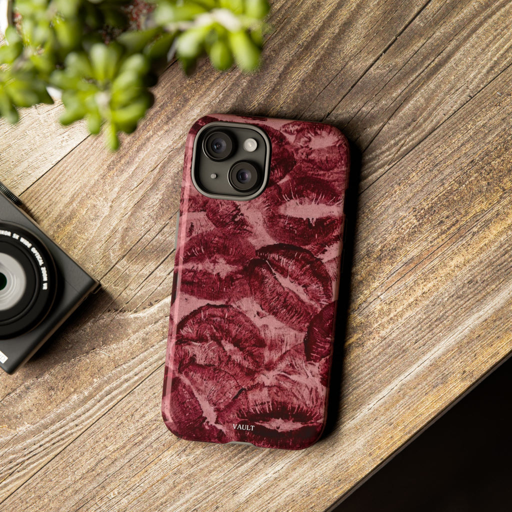 Kiss Print Phone Case – Burgundy Lip Pattern Protective Phone Cover
