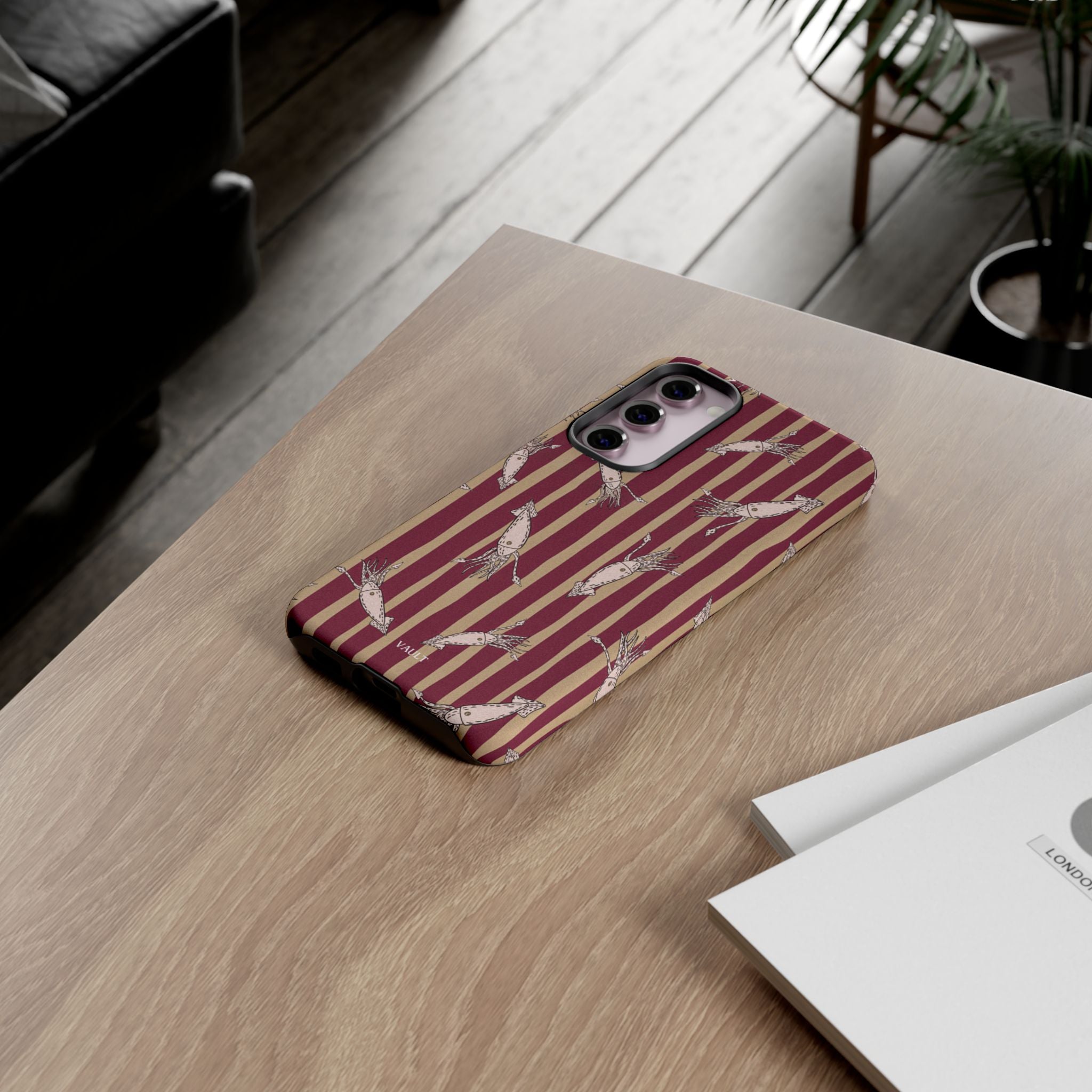Phone Case - Vintage Shrimp Pattern on Burgundy Stripes