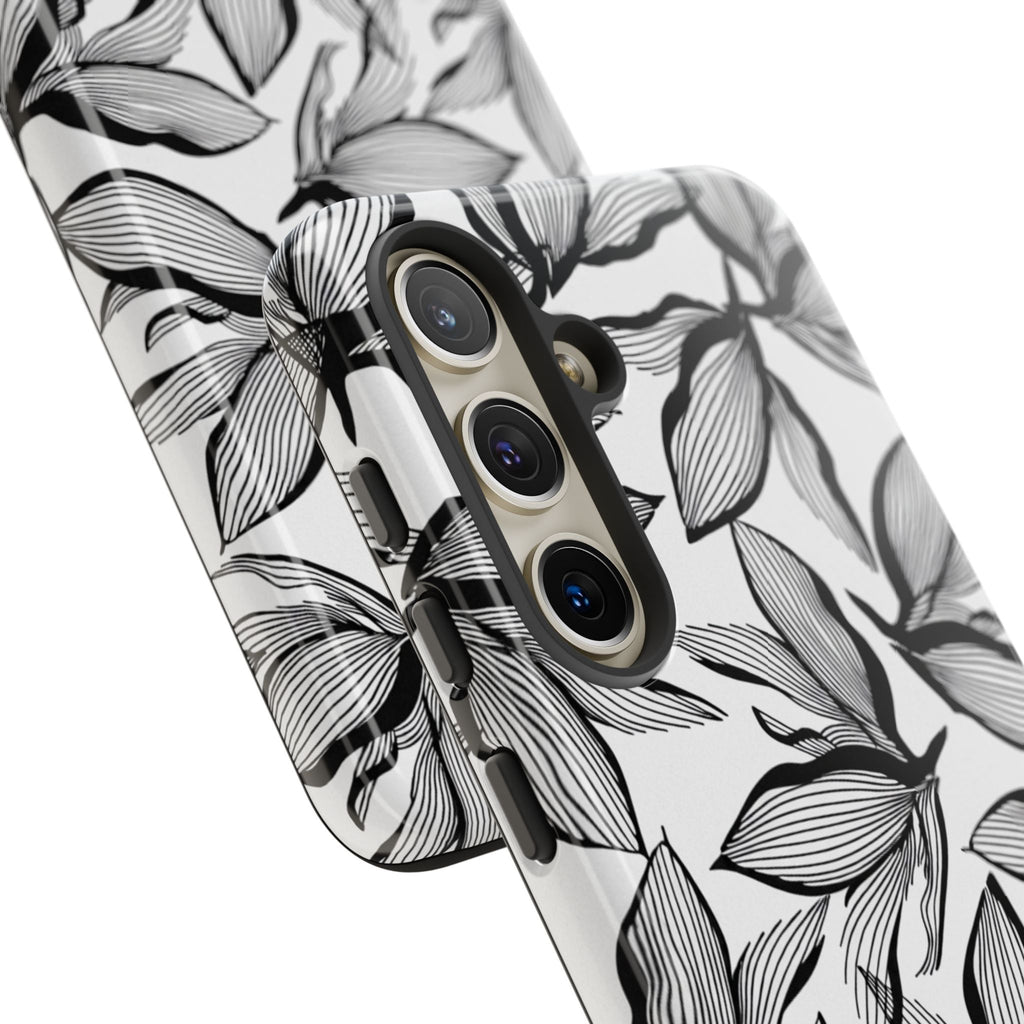Floral Leaves Tough Phone Case – Black & White Botanical Protection