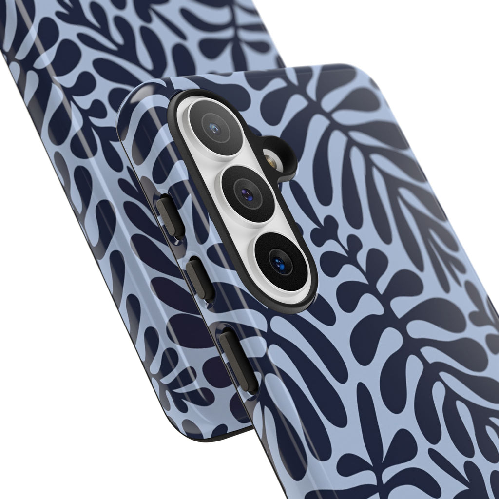 Floral Fern Tough Phone Case – Navy Blue on Light Blue, Protective Slim Cover