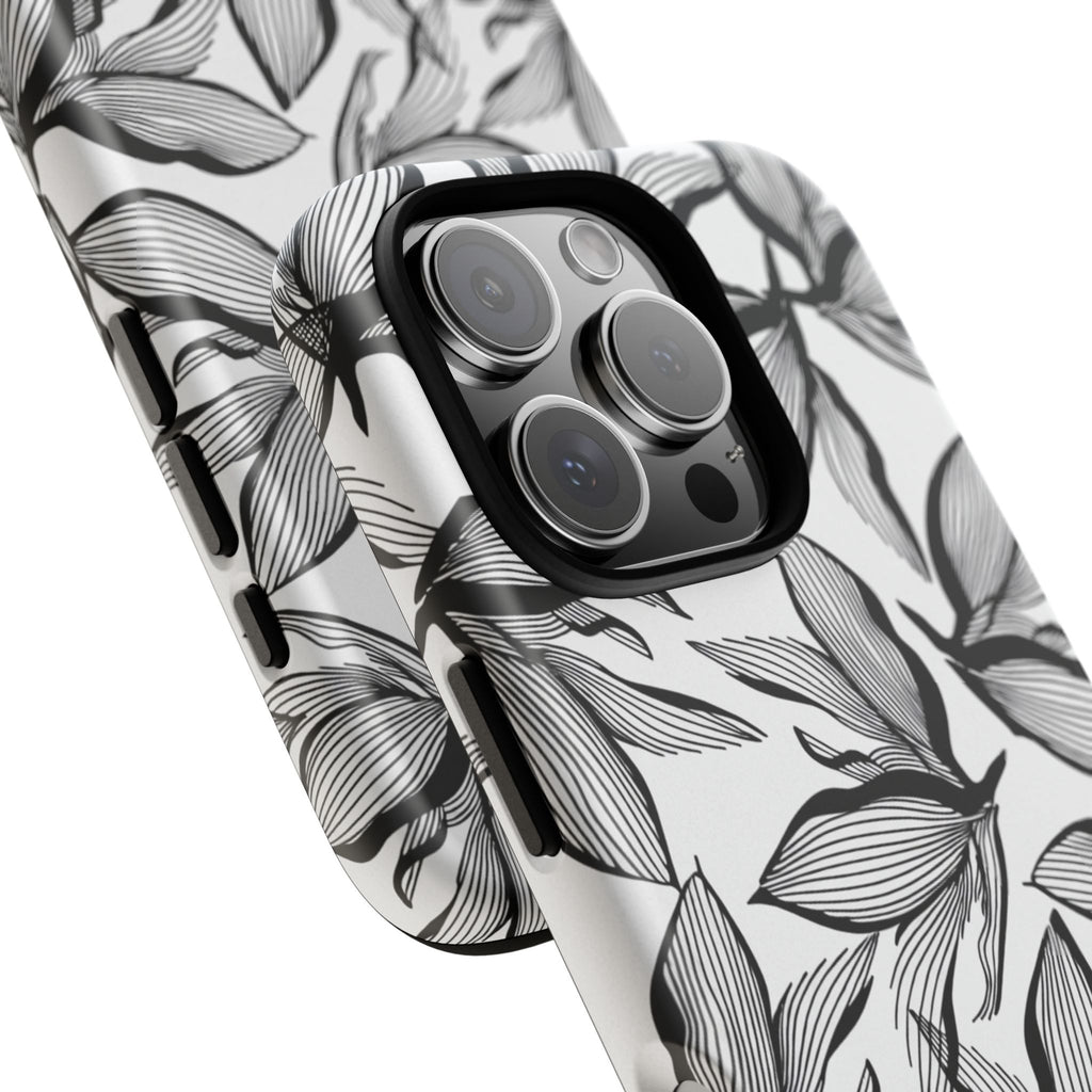 Floral Leaves Tough Phone Case – Black & White Botanical Protection