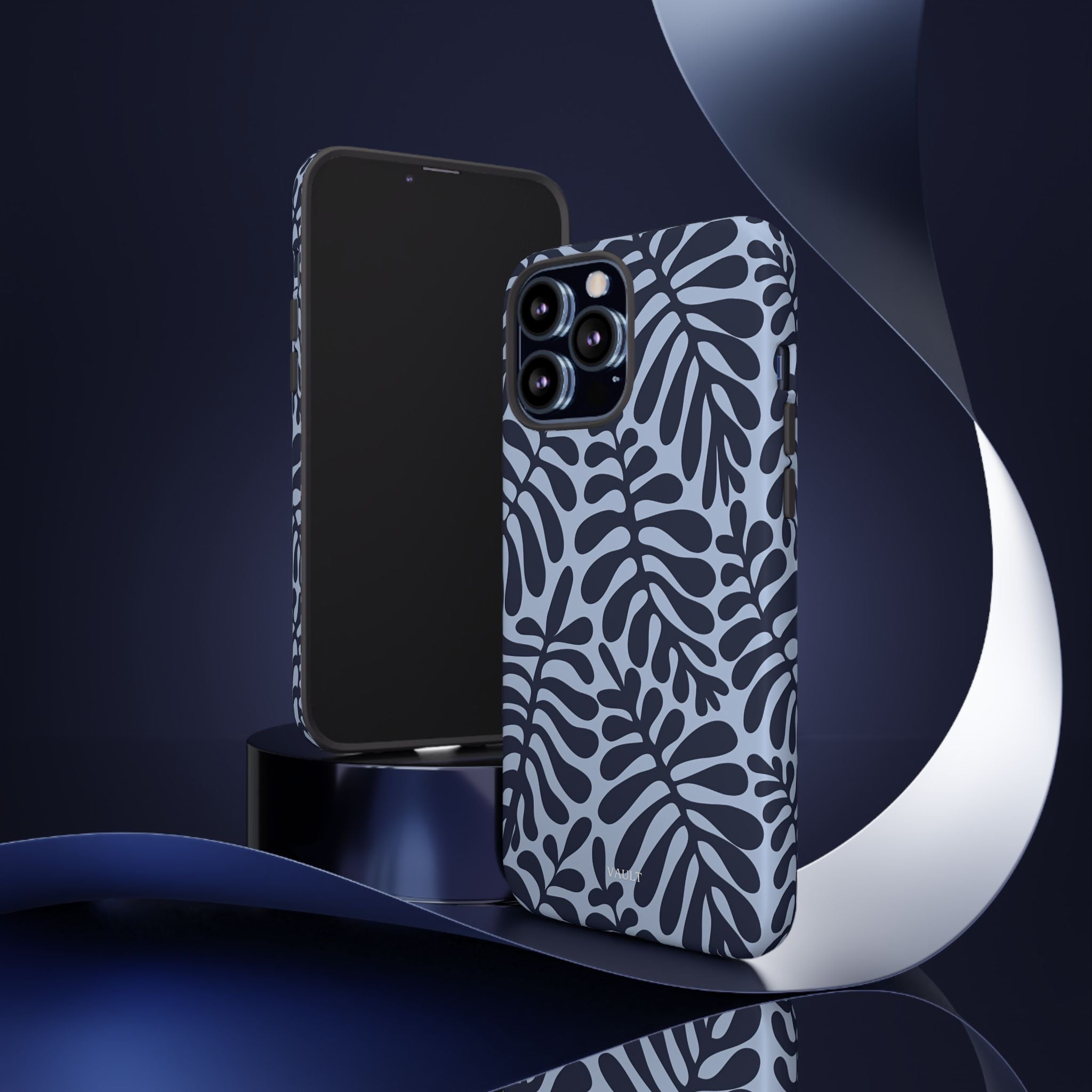 Floral Fern Tough Phone Case – Navy Blue on Light Blue, Protective Slim Cover