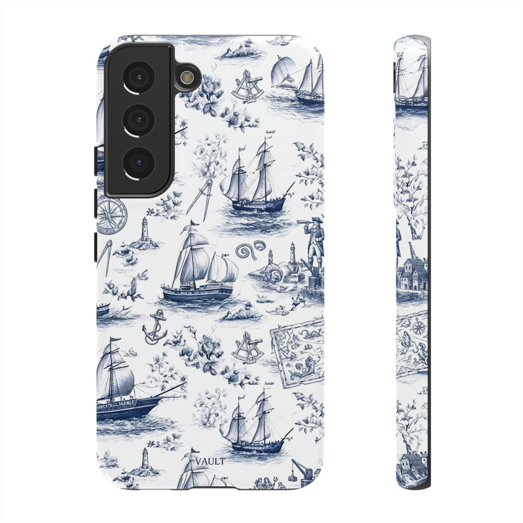 Nautical Vintage Ship Tough Phone Case — Blue Toile Sailboat Pattern