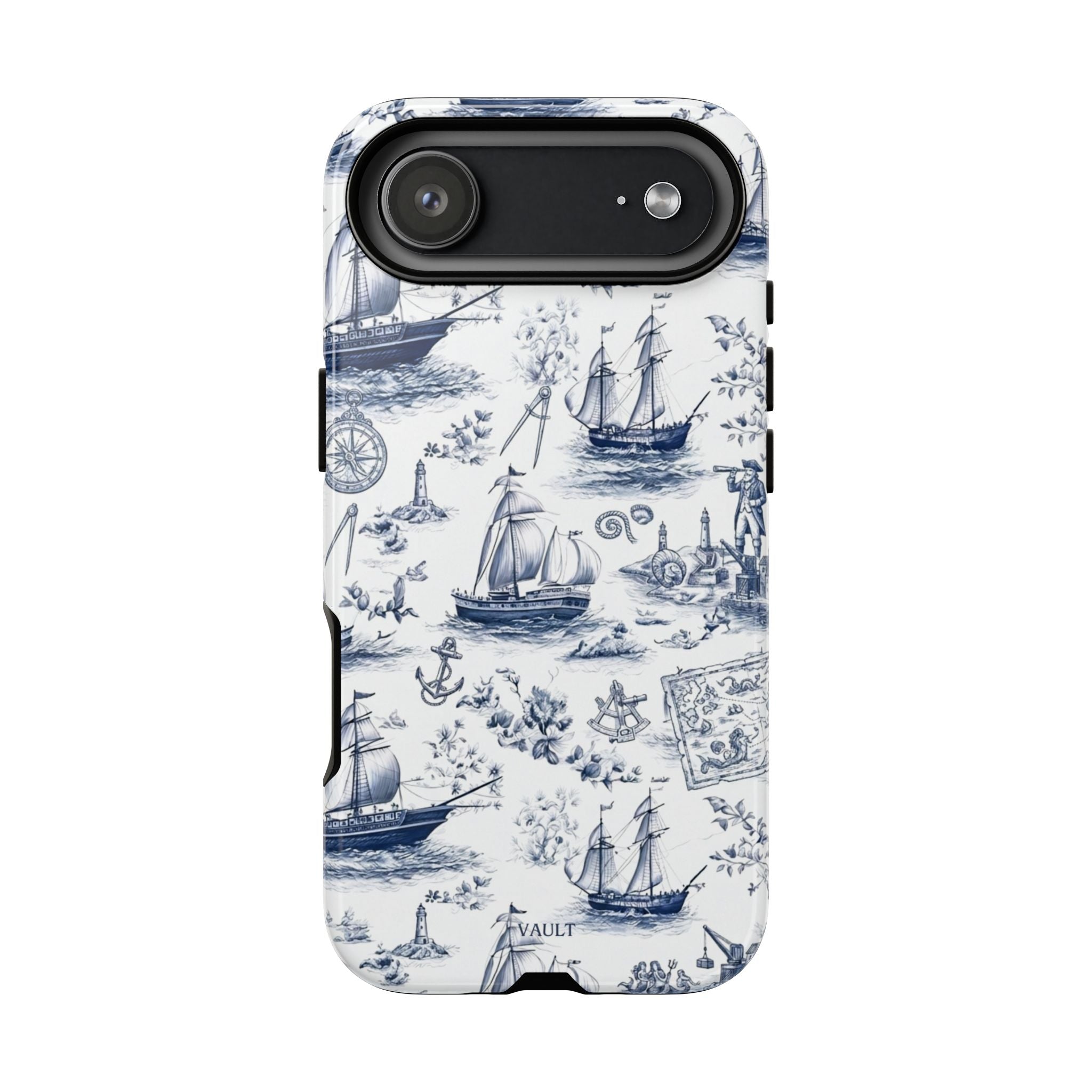 Nautical Vintage Ship Tough Phone Case — Blue Toile Sailboat Pattern