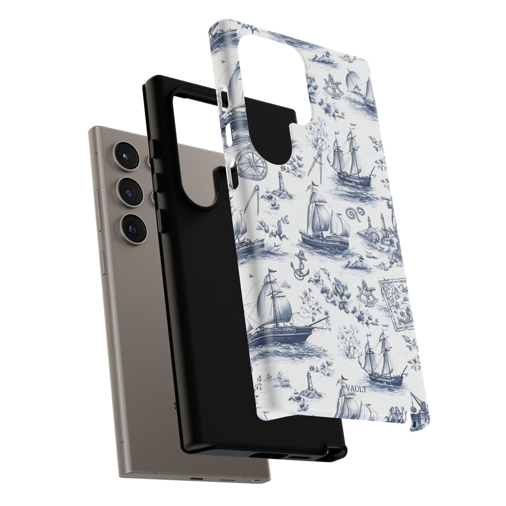 Nautical Vintage Ship Tough Phone Case — Blue Toile Sailboat Pattern