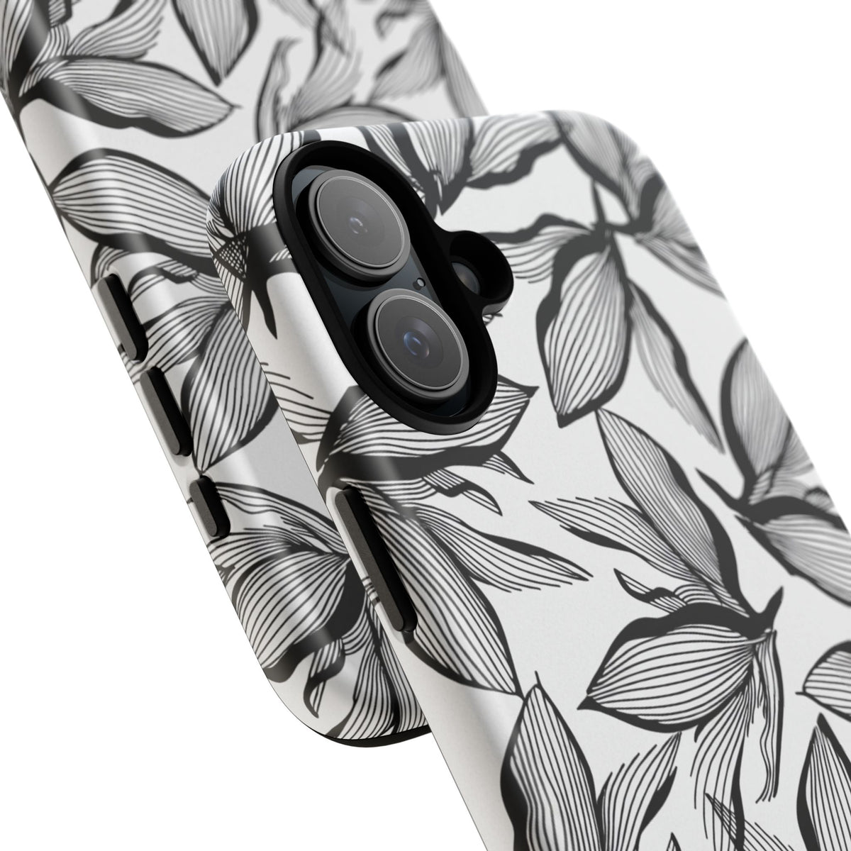 Floral Leaves Tough Phone Case – Black & White Botanical Protection