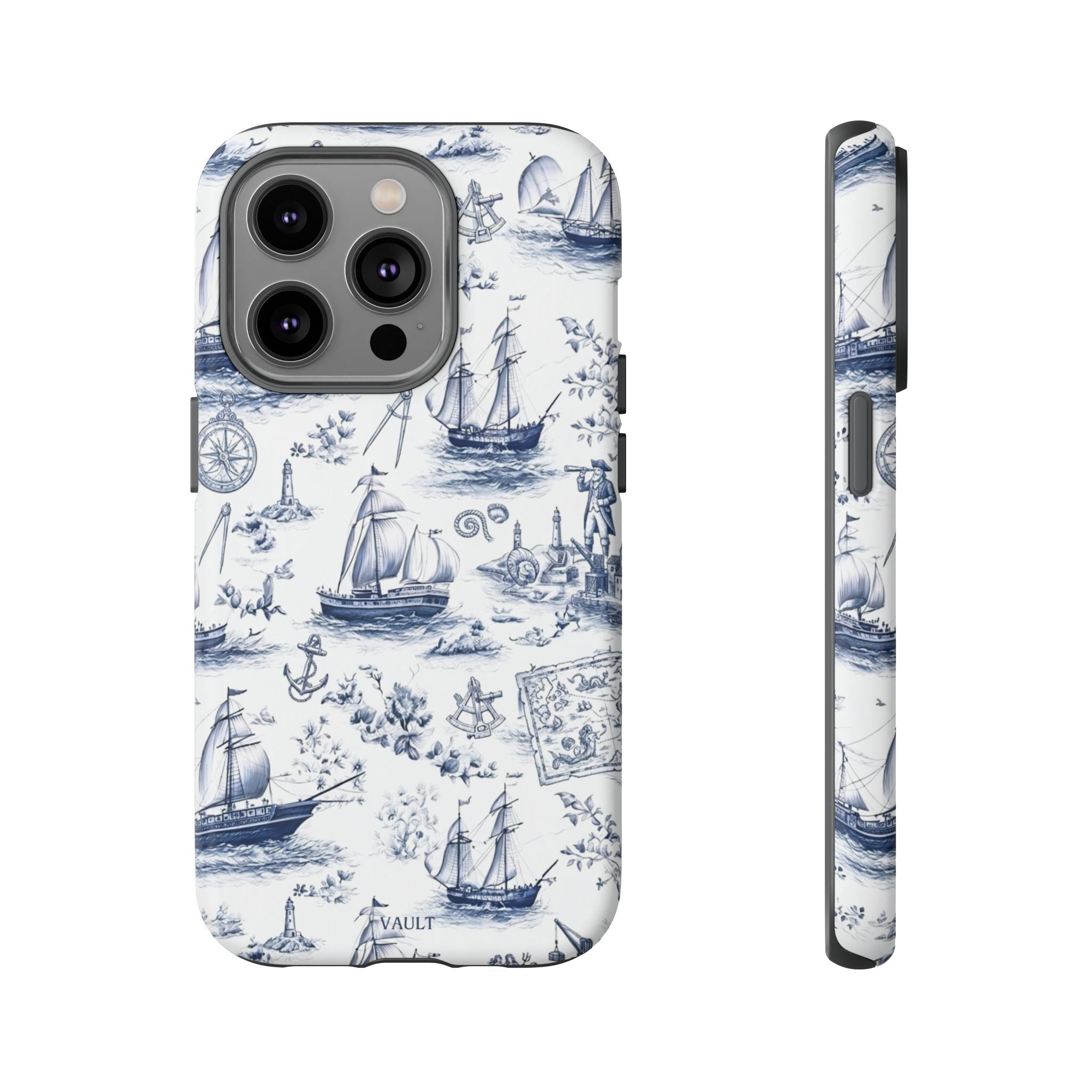 Nautical Vintage Ship Tough Phone Case — Blue Toile Sailboat Pattern