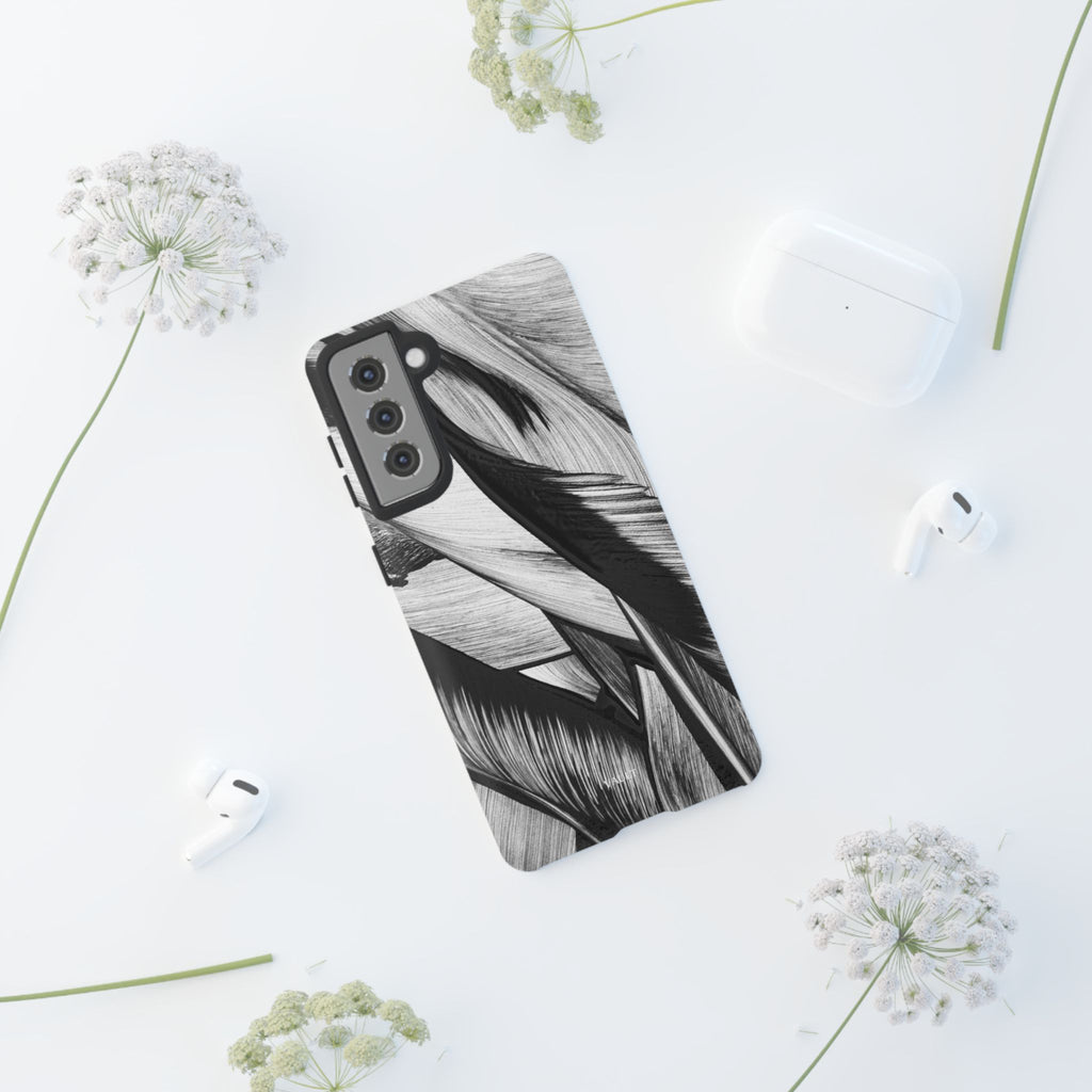 Monochrome Tropical Leaf Tough Phone Case — Black & White Botanical Protective Cover