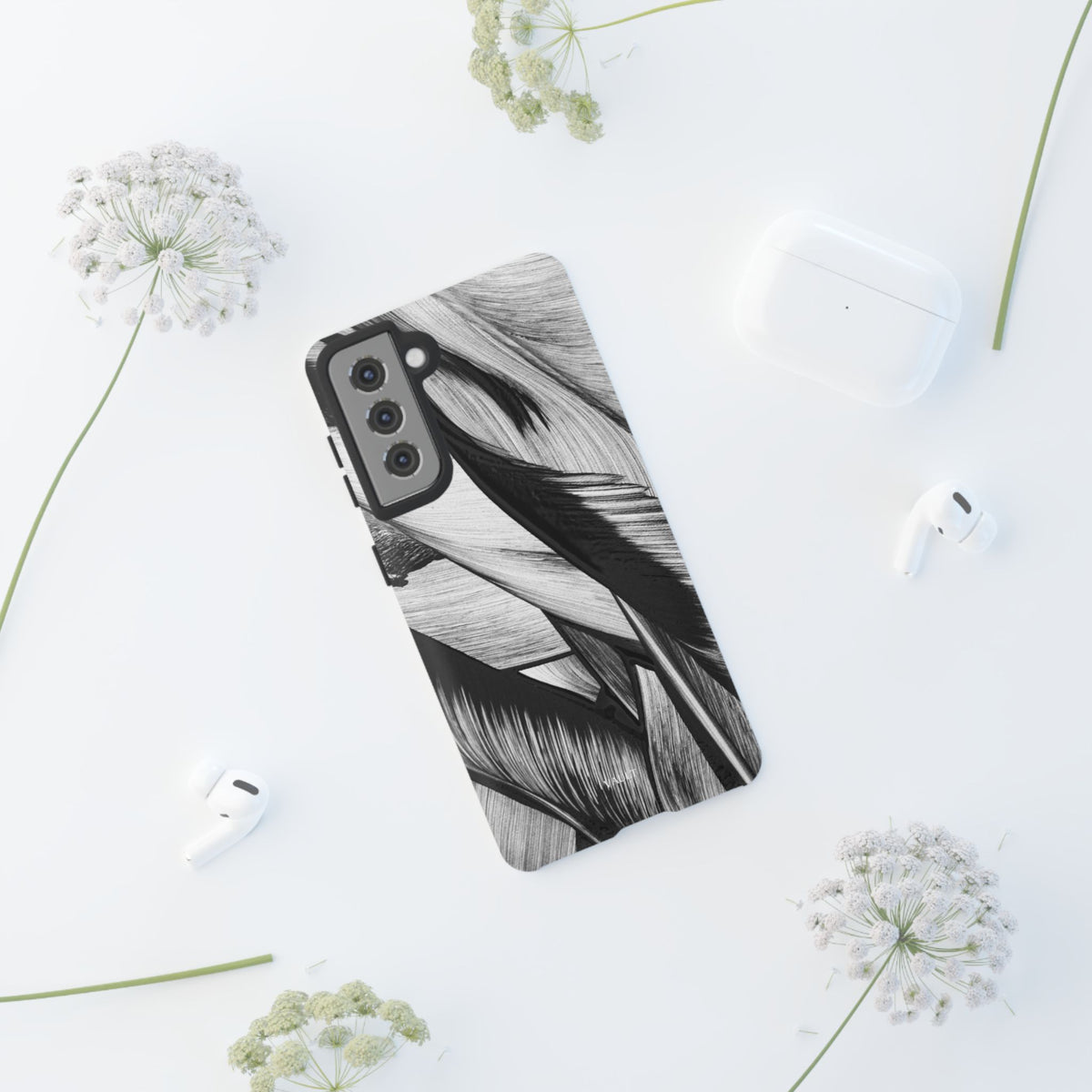 Monochrome Tropical Leaf Tough Phone Case — Black & White Botanical Protective Cover