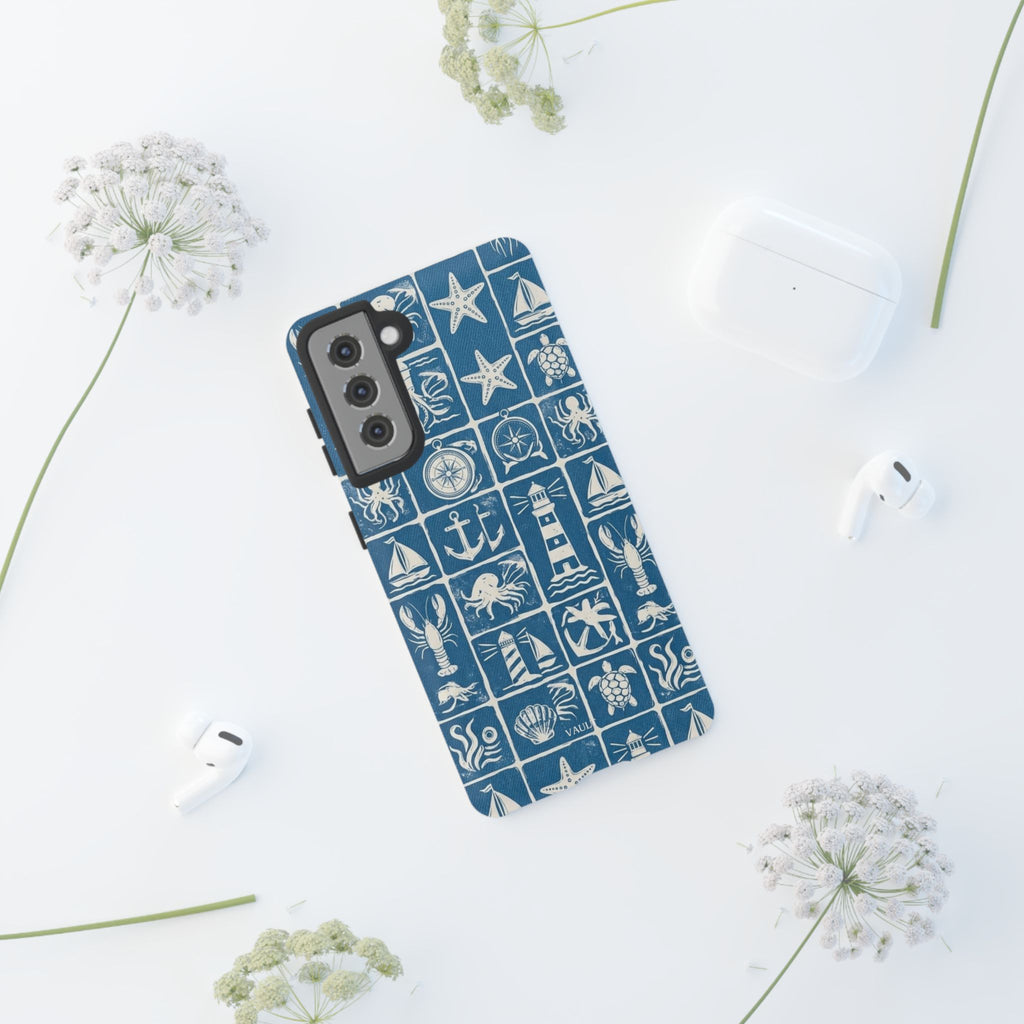 Nautical Tile Phone Case — Blue Coastal Icons (lighthouse, anchor, seashells)
