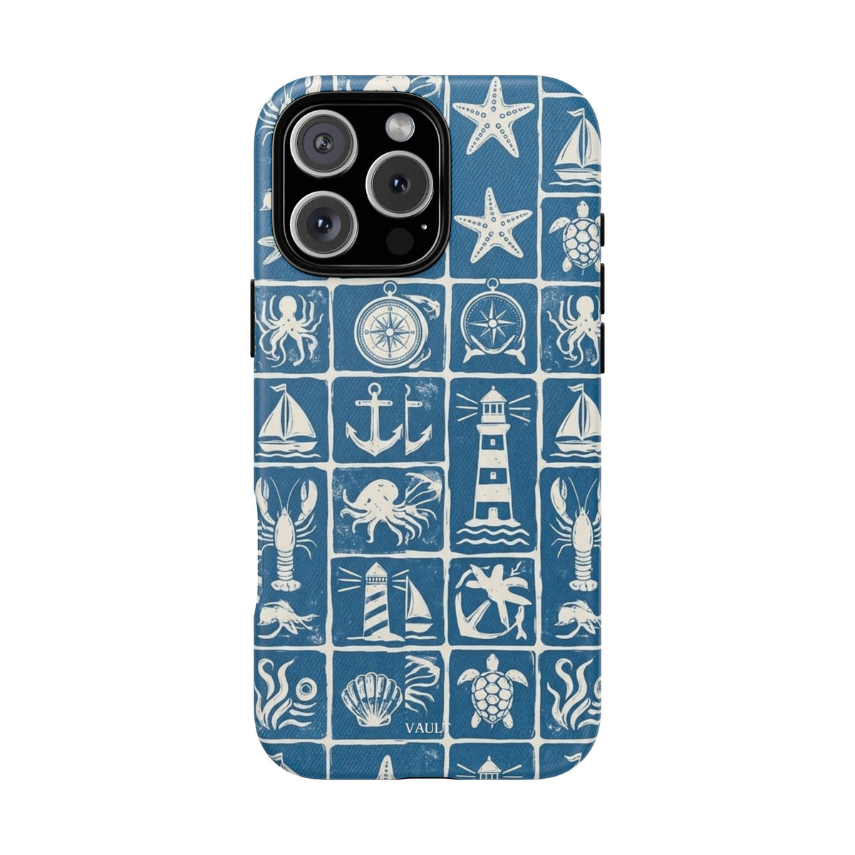 Nautical Tile Phone Case — Blue Coastal Icons (lighthouse, anchor, seashells)