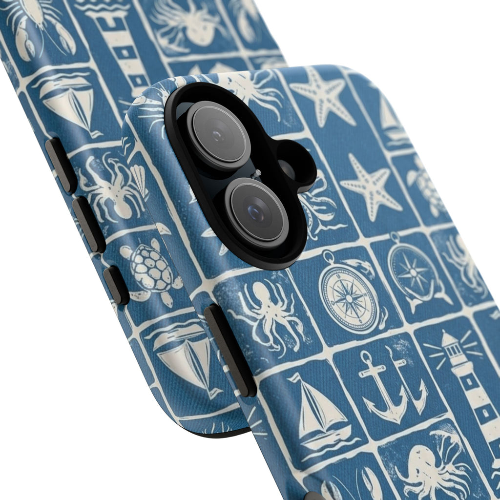 Nautical Tile Phone Case — Blue Coastal Icons (lighthouse, anchor, seashells)